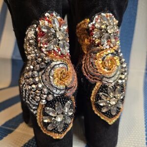 STRATEGIA Black Ankle Booties with Gold and Silver Embellishments
